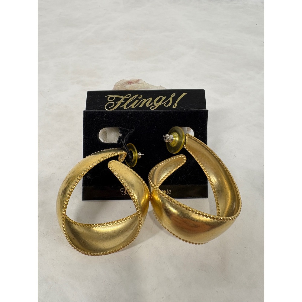 Flings Gold‎ Tone Twisted Hoop Earrings Beaded Edge Hypoallergenic Statement